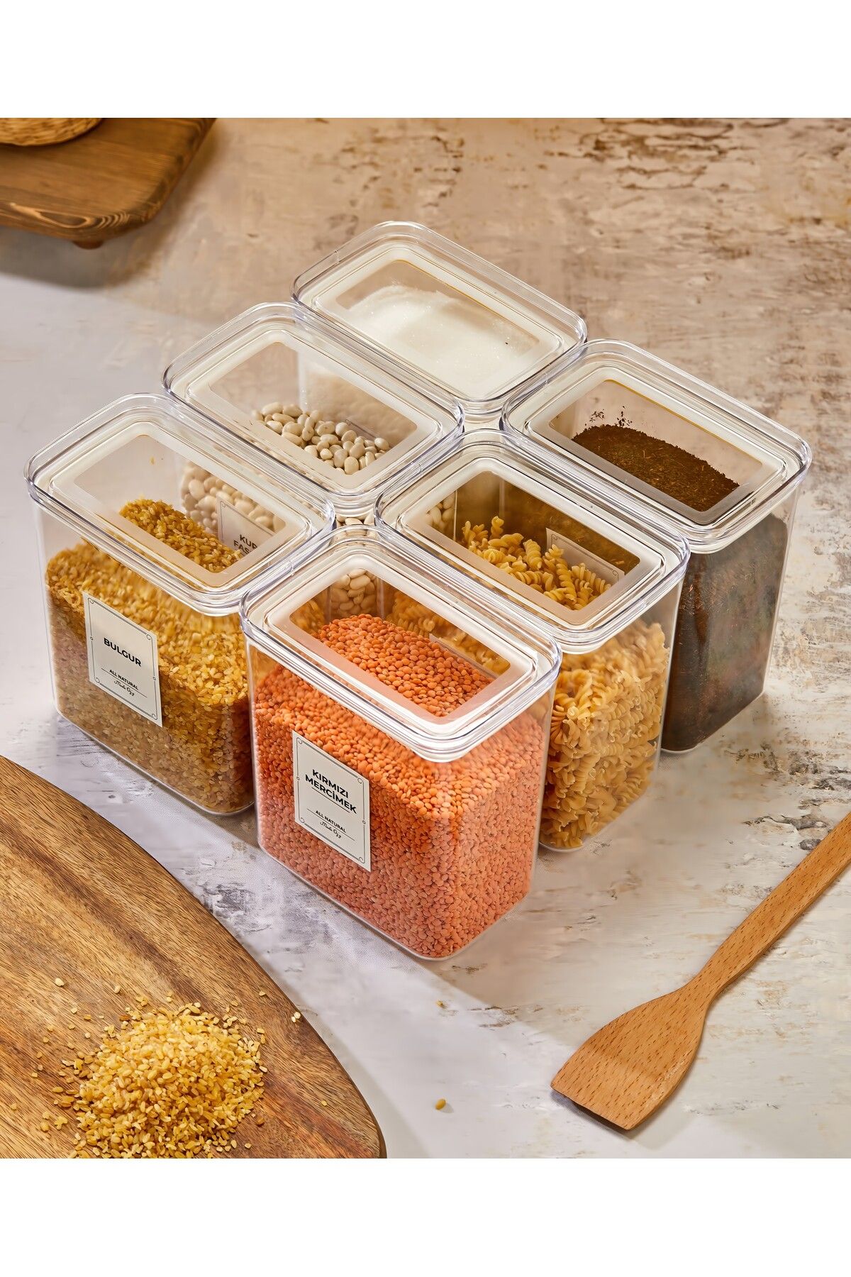 MODA OZY 6'lı Vakum Kapaklı Bakliyat Seti Bakliyat Etiketli Saklama Kabı Erzak Kavanozu Mika 2200ml