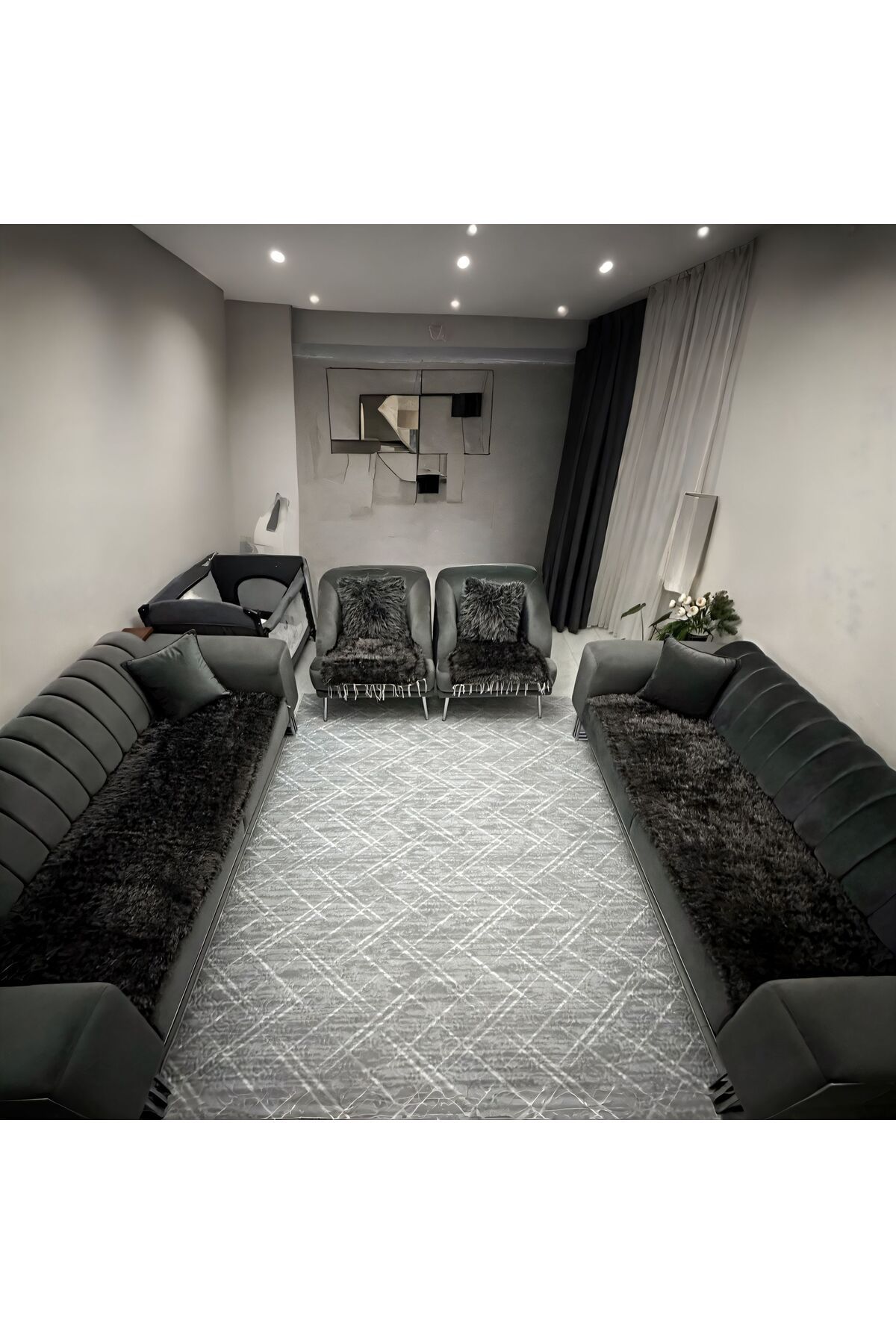 mdhomecarpet Şık El Yapımı Koltuk Örtüsü Takımı 4 Parça | Çift Yüzlü Dokuma Peluş Yıkanabilir Örtü