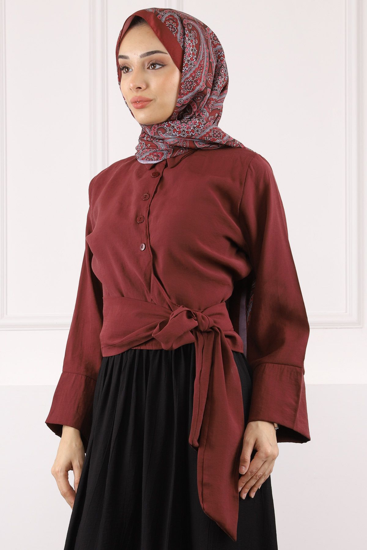 İmajButik Bordo Bel Bağlamalı Modal Gömlek