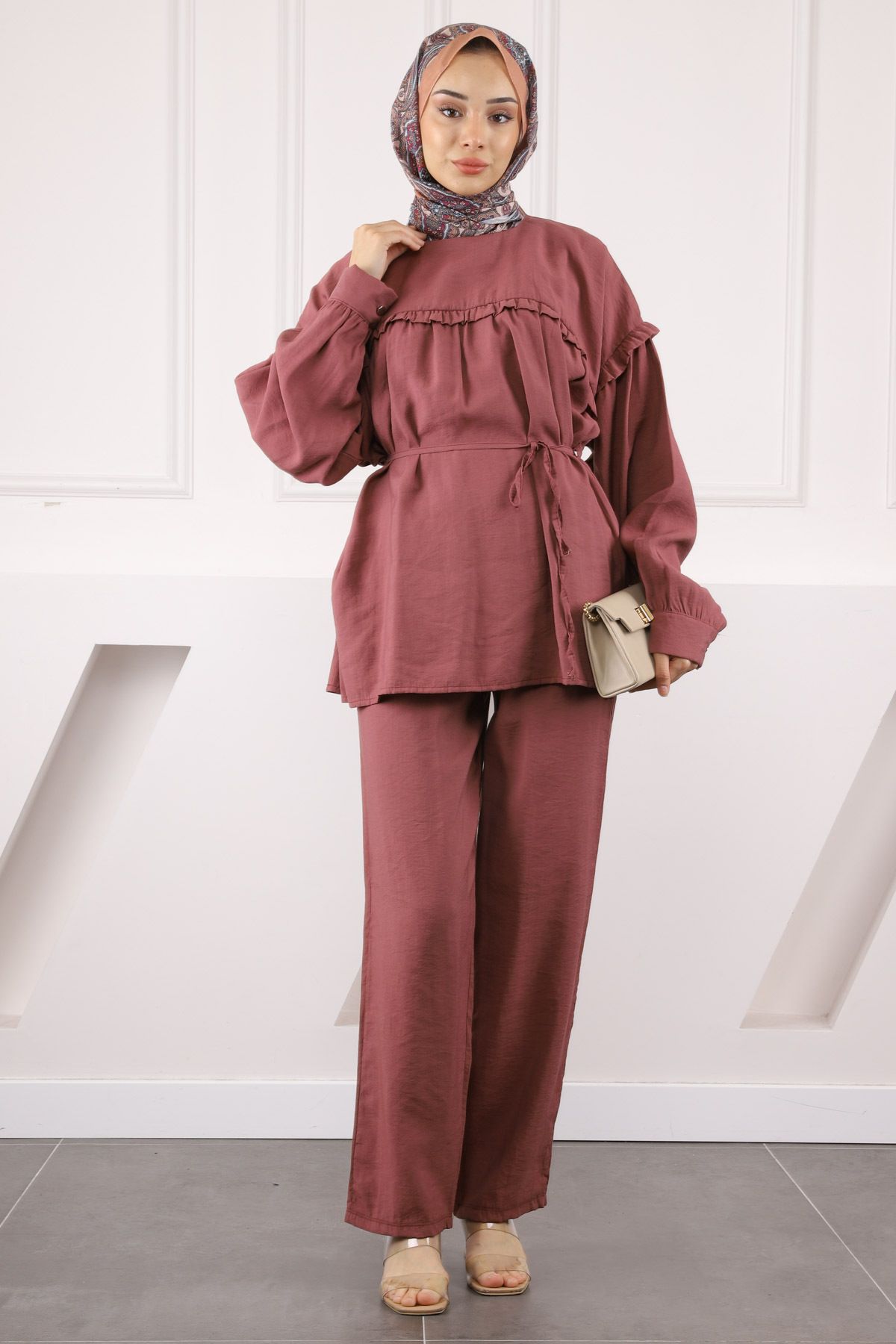 İmajButik-Dusty Rose Drawstring Waist Tunic Pants Modal Suit 2