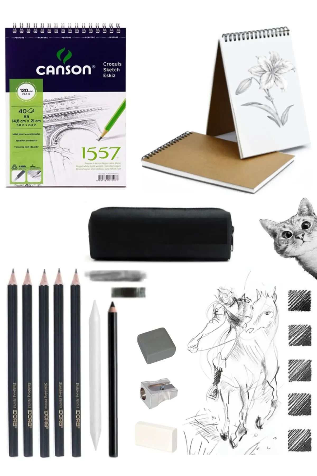 arttone Canson A5 120 Gr 40 Yaprak Eskiz Defteri İdora Sketch Dereceli Kurşun Kalem 12 Parça Eskiz Set