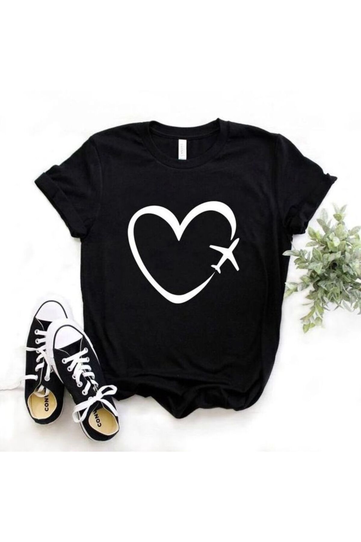 MAGORS UÇAN KALP BASKILI BİSİKLET YAKA PAMUKLU KISA KOLLU KADIN VE ÇOCUK TSHIRT