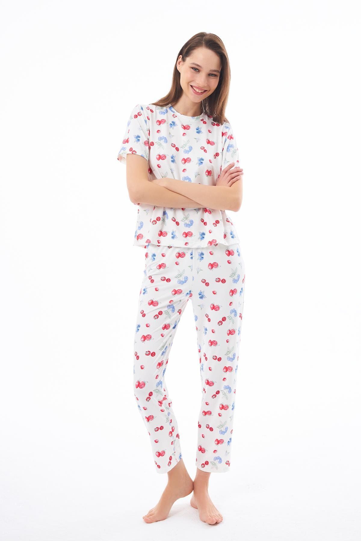 Cottonhill Premium Kadın Pijama Takımı Meyve Desenli Yumuşak Dokulu Kısa Kollu Bisiklet Yaka