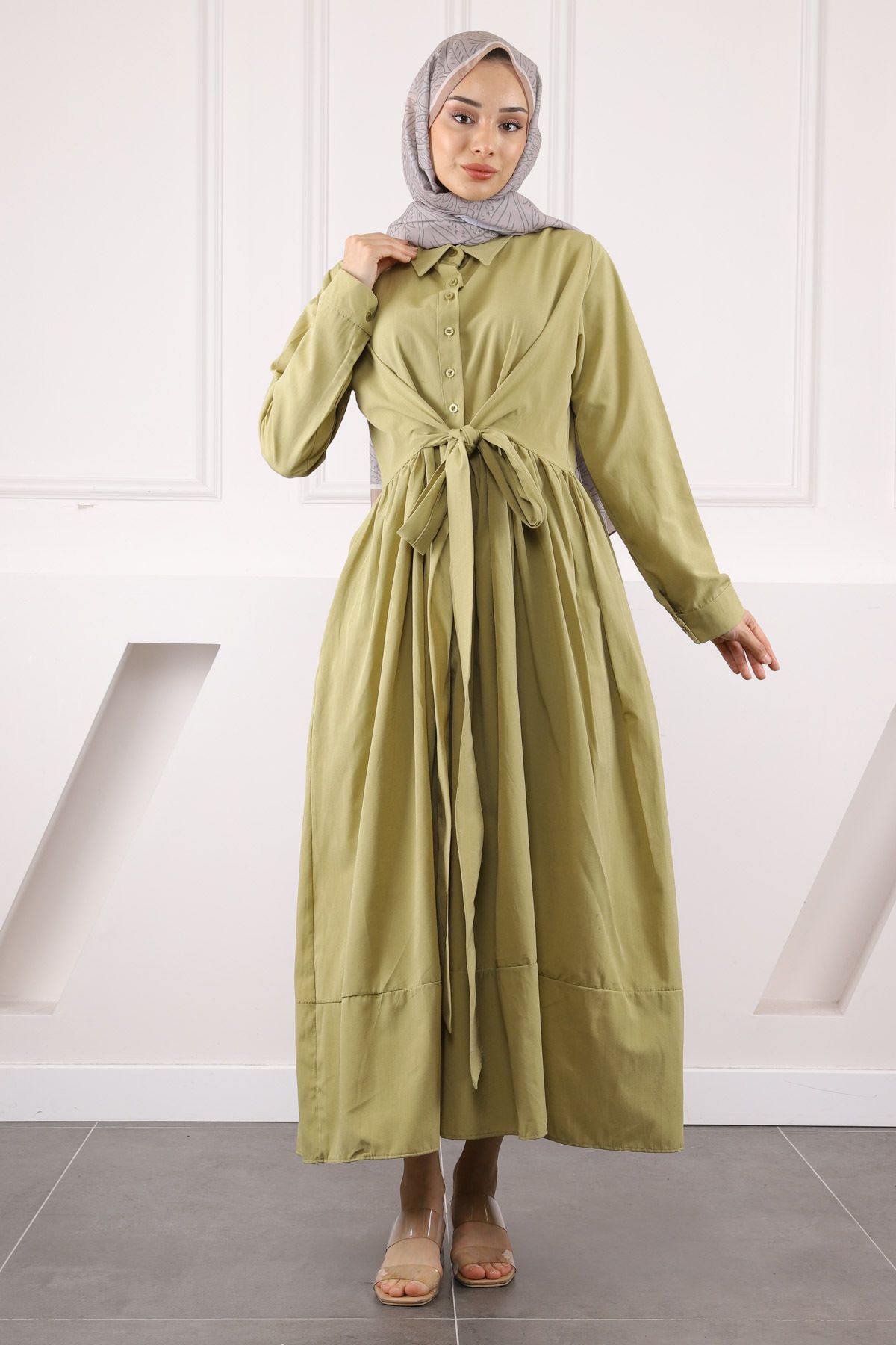İmajButik Haki Bel Kuşaklı Elbise