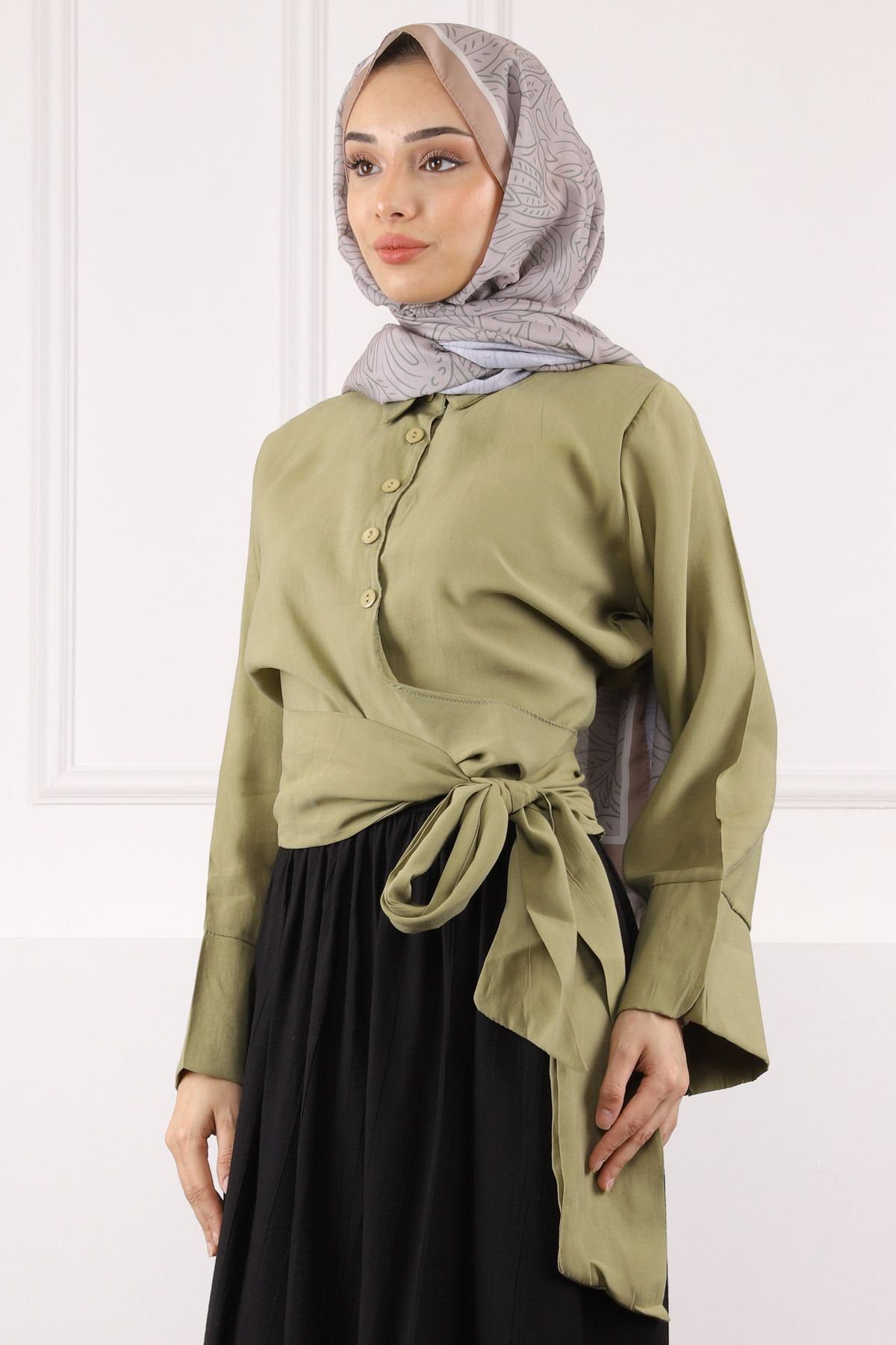 İmajButik Haki Bel Bağlamalı Modal Gömlek