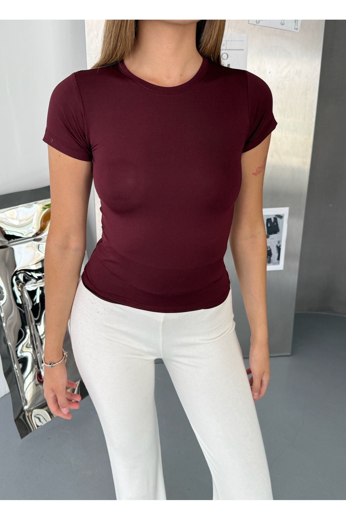 COMBİNE MİCHAİL Kadın Bordo Bisiklet Yaka Body T-shirt