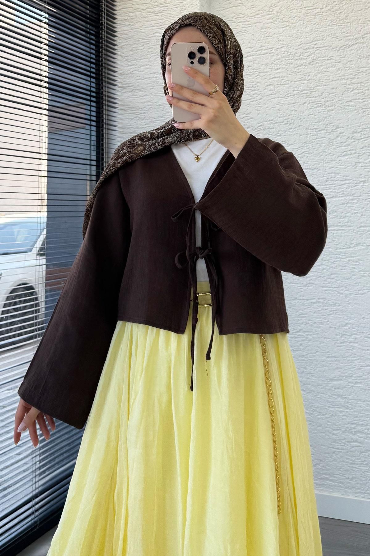 MELEK ARAZ Önden Bağlamalı Kısa Müslin Kimono - Kahverengi
