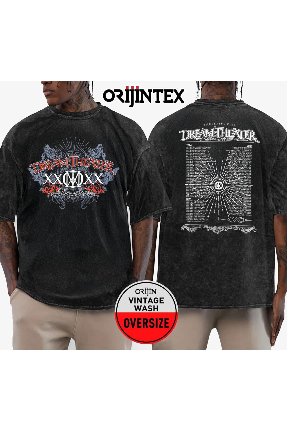 orijintex Dream Theater 40th Anniversary Concert Tour 2025 Yıkamalı Oversize Vintage Tshirt