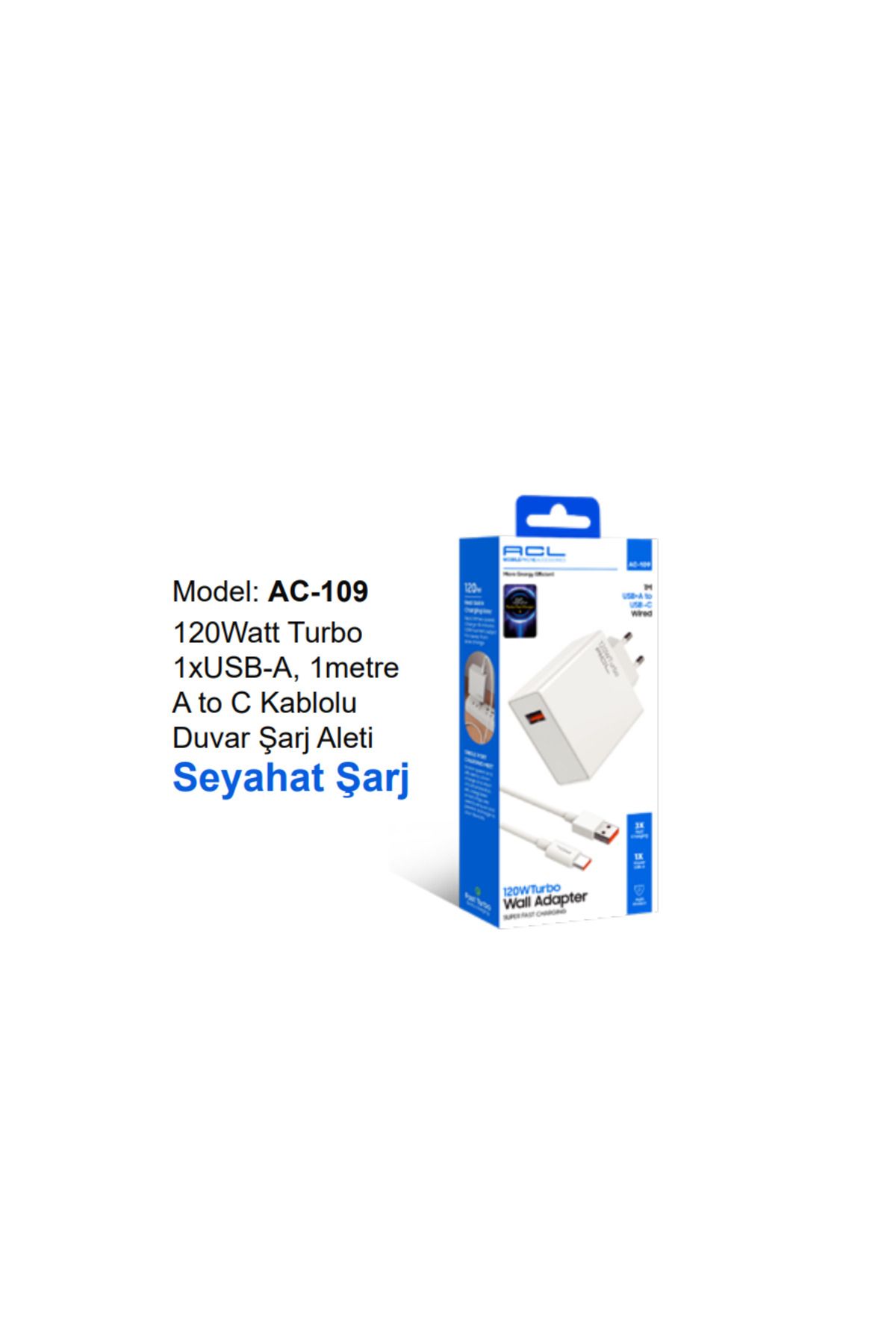 gunkes AC-109 120Watt Turbo 1xUSB-A, 1metre A to C Kablolu Duvar Şarj Aleti