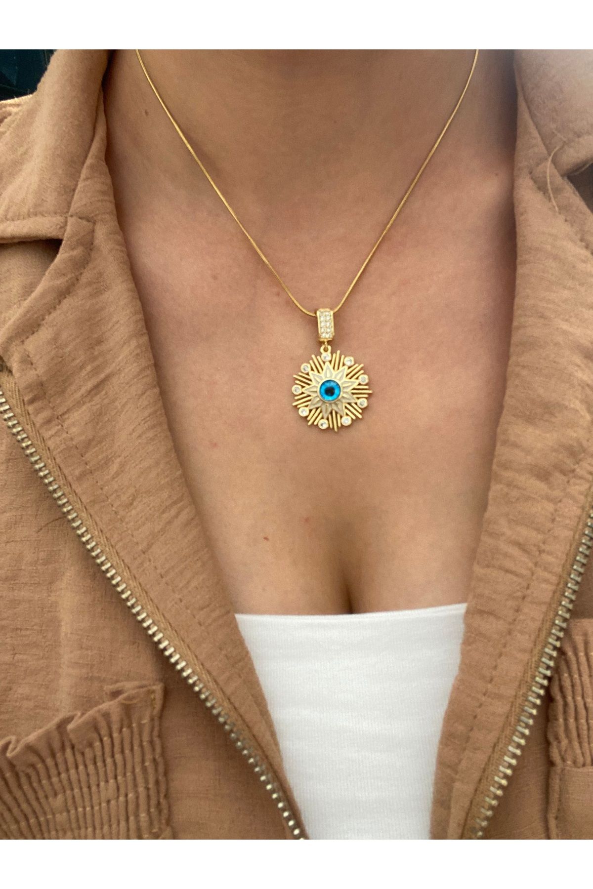 Byoz store Gold nazar boncuklu charmlı çelik kolye