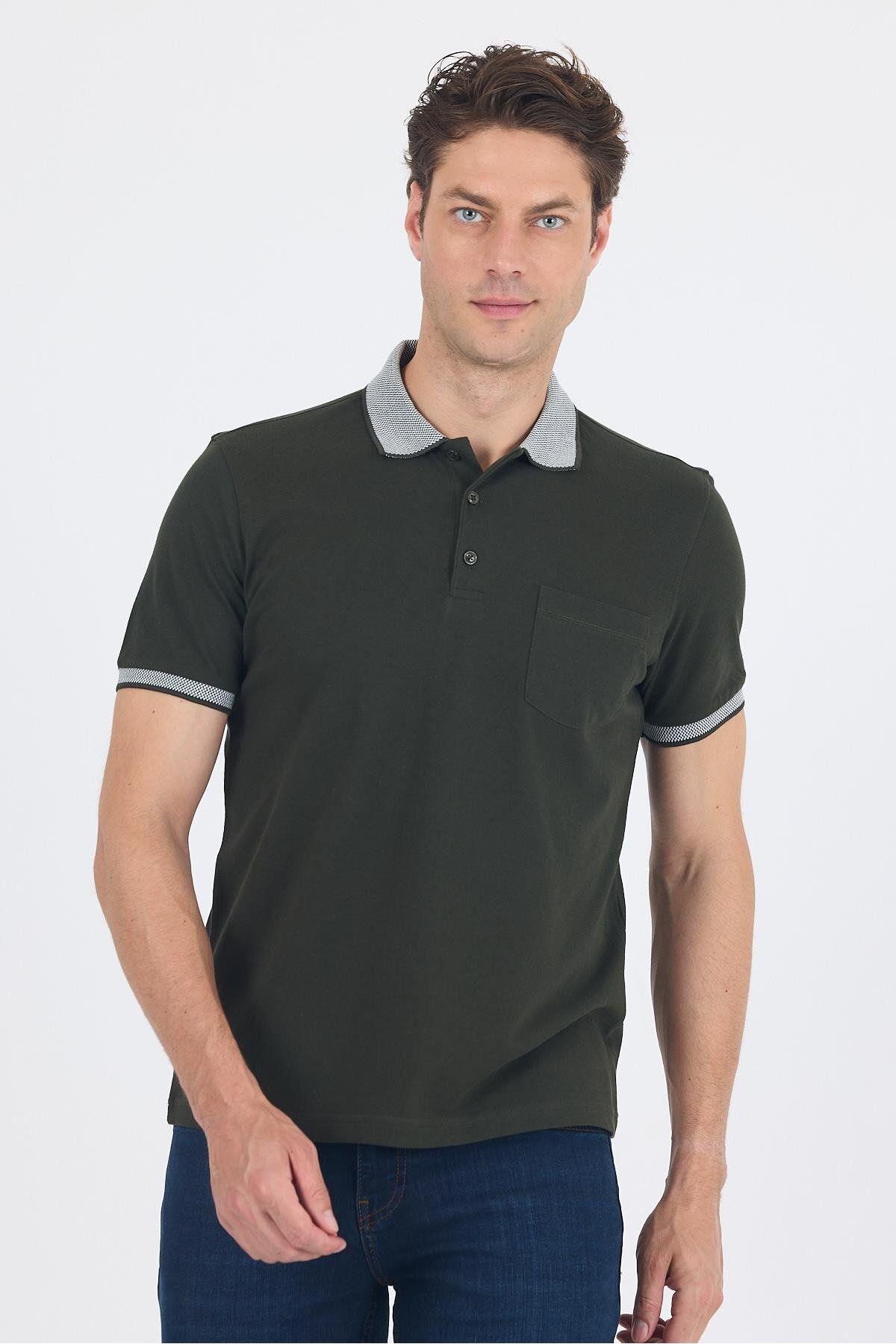 İmza Koyu Haki Polo Yaka Kısa Kol Cepli Comfort Fit :%100 Pamuk Tişört 1011250181