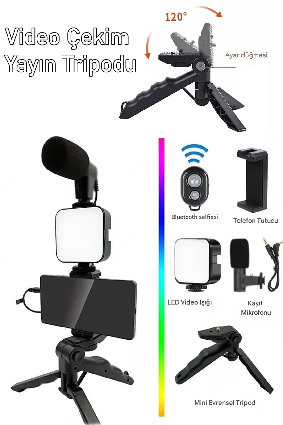 nextbuy Bluetooth Kumandalı Tripod Telefon Tutuculu Mikrafonlu Telefon, Kamera Ve Lamba Tripodu AY49