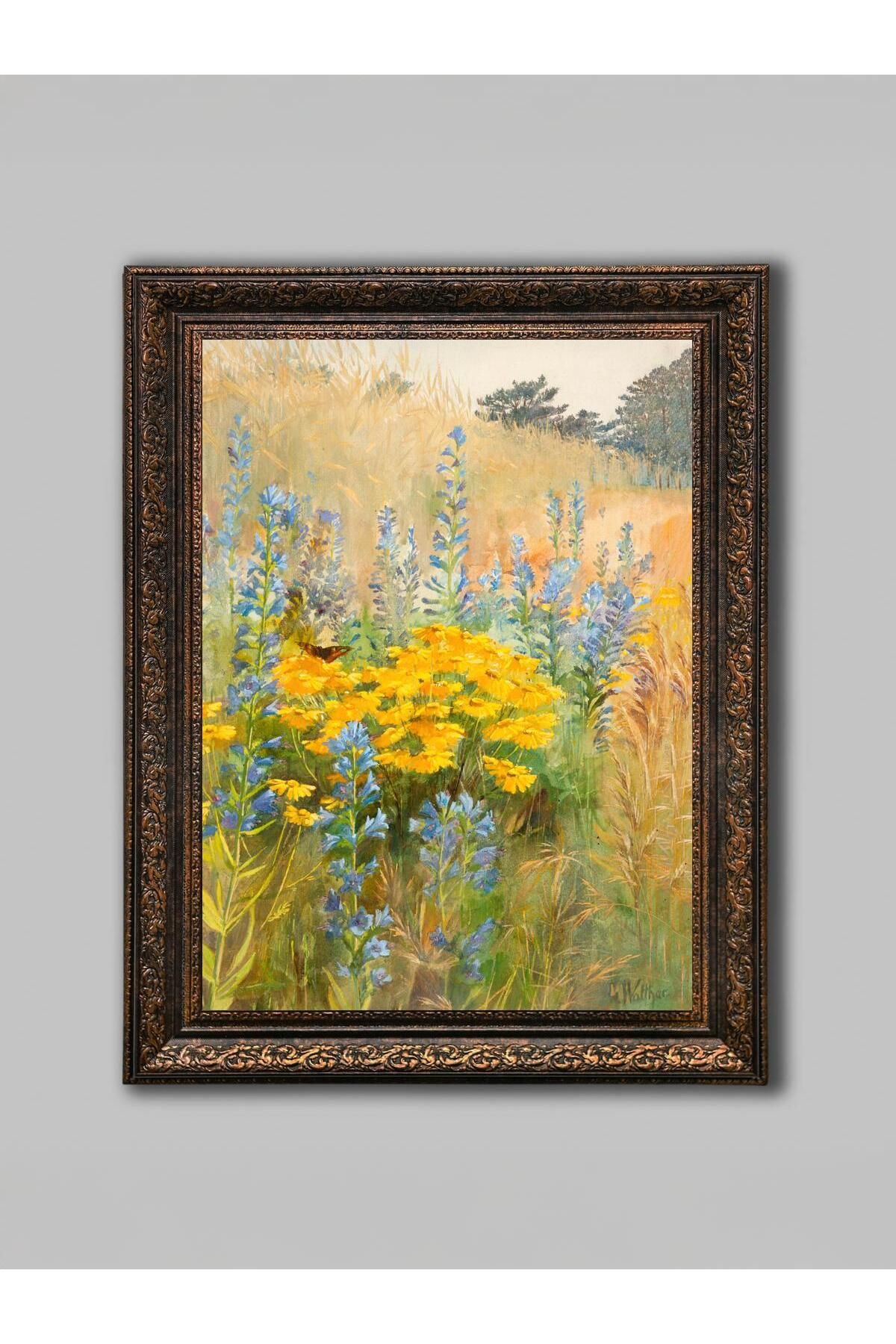 WoodyArts Tarlada Sarı Çiçekler - Bronz Eskitme Çerçeve