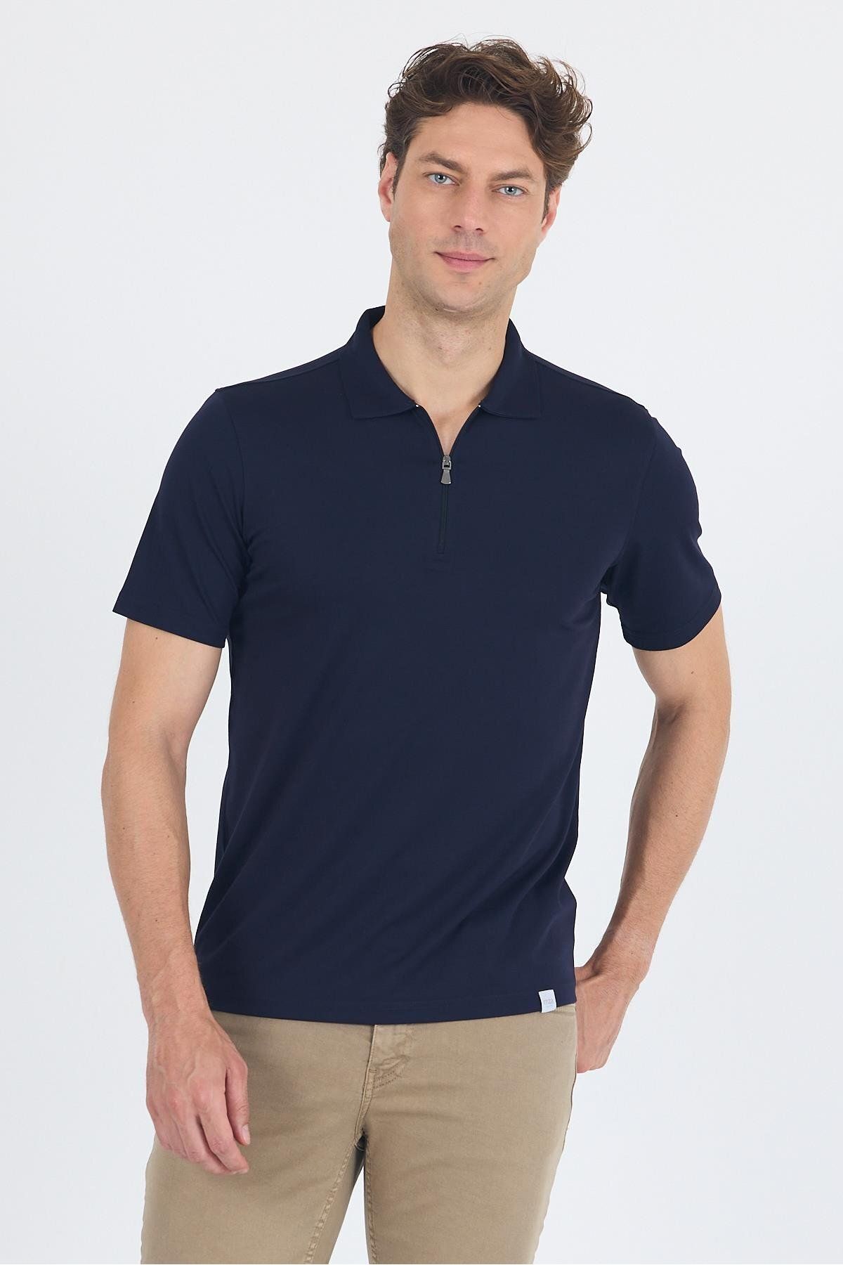 İmza Koyu Lacivert Kısa Kol Düz Suprem Polo Yaka Cepsiz Esnek Casual Slim Fit Tişört 1011250161_200
