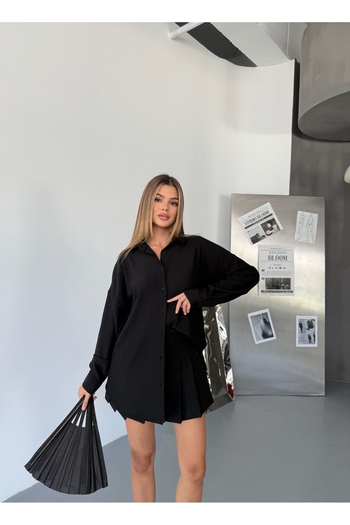 COMBİNE MİCHAİL-Γυναικείο μαύρο λινό πουκάμισο Ayrobin με τσέπη 3