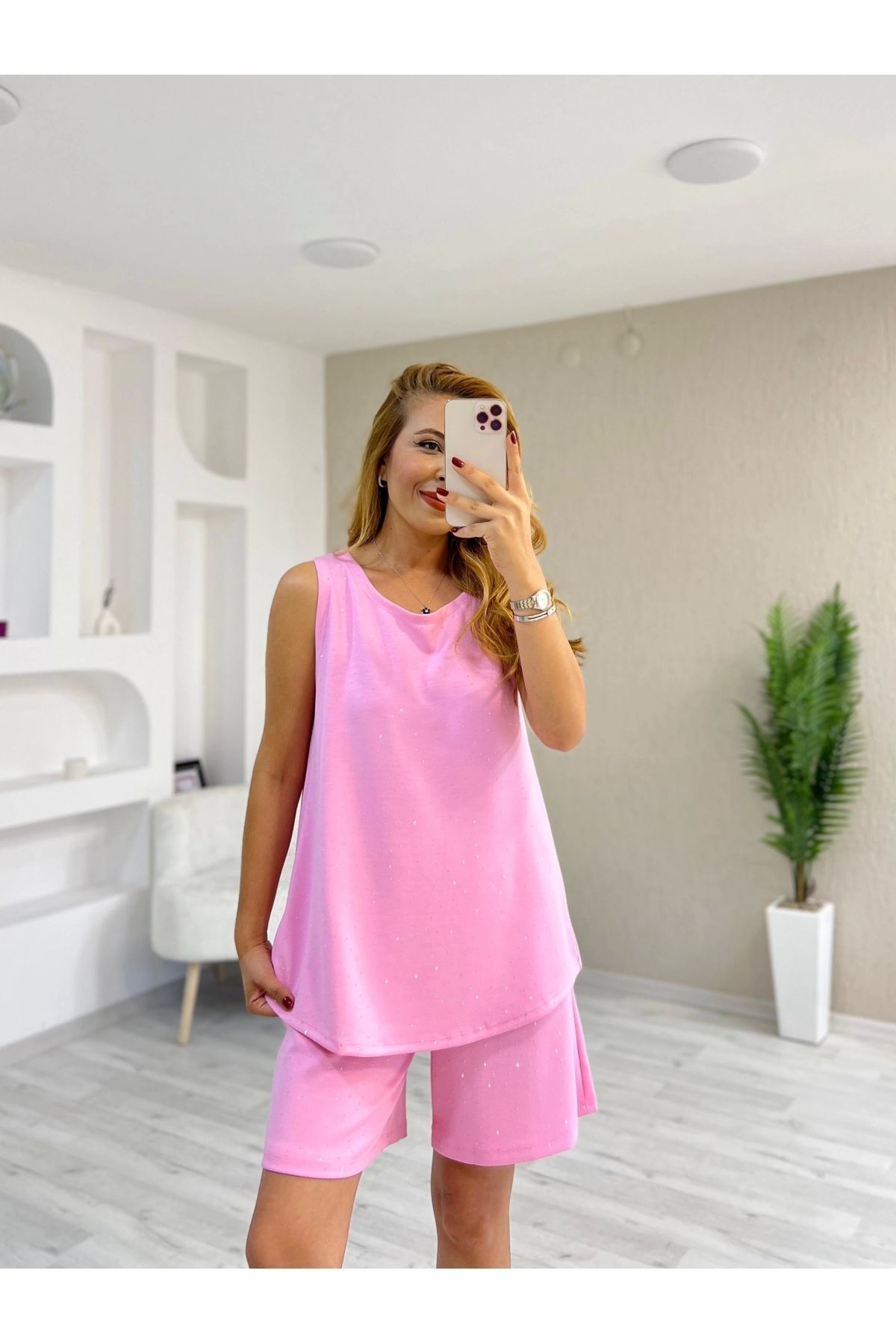 İrka Moda Modal Kumaş Taş Detay Şortlu Takım Pembe