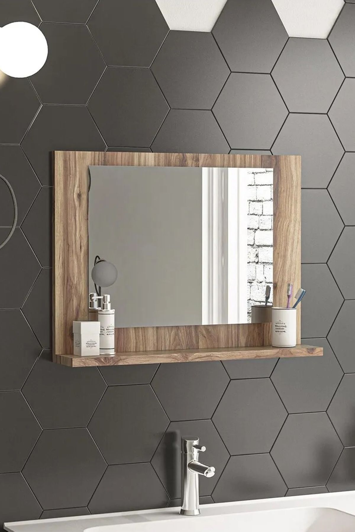 Elioure 60x45cm Ceviz Renkli Banyo ve Yatak Odası Aynası, Raflı ve Şık Tasarım