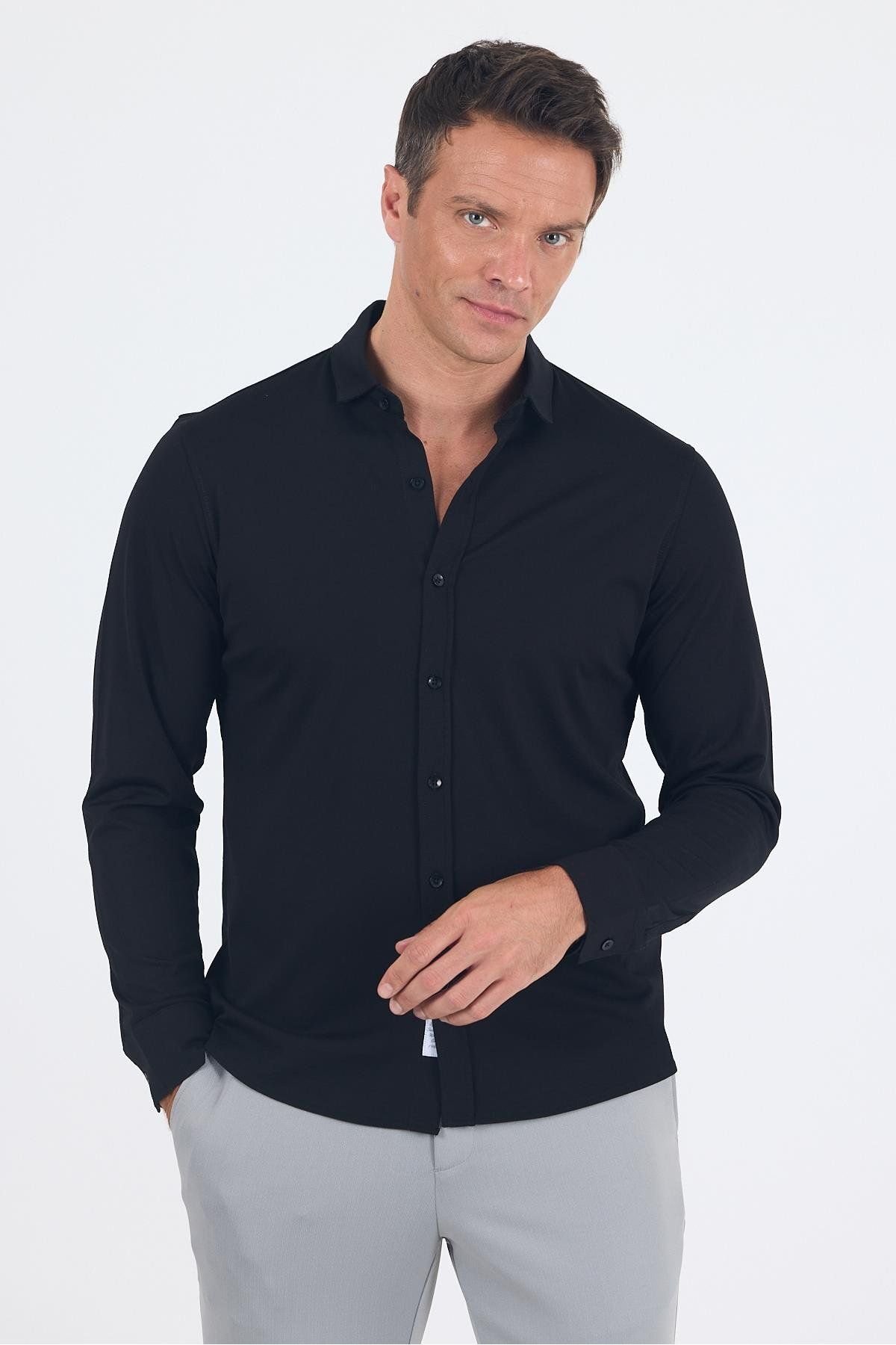 İmza Siyah Uzun Kol Düz Örme Polo Yaka Cepsiz Esnek Classic Slim Fit Gömlek 1004250153_001