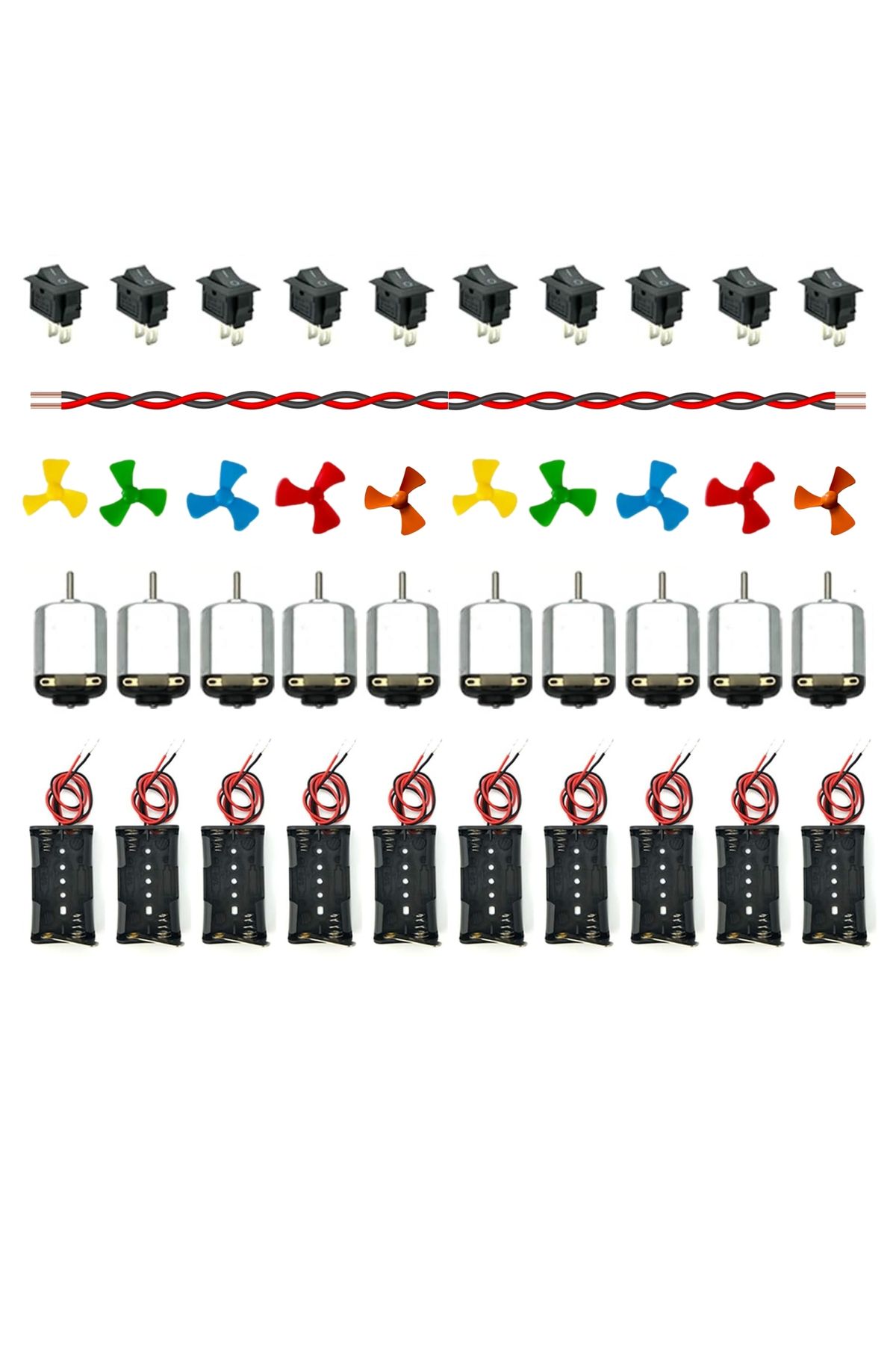 Kidsmaker 10 adet Motor Deney Seti - Pil Kutusu - Motor - Pervane - Kablo - Devre Anahtarı