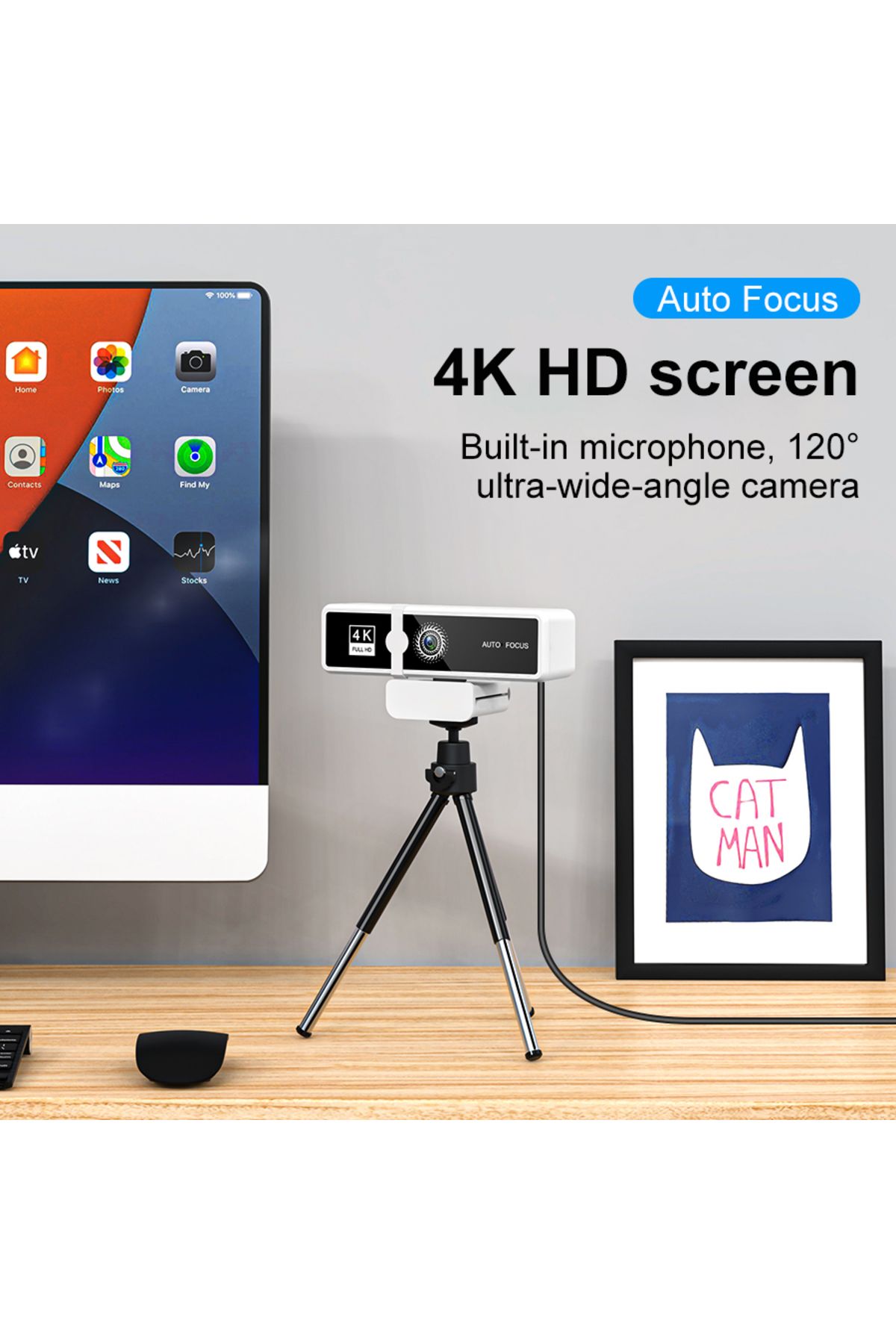 TEQRO-Cameră Web 4K TEQRO™, Autofocus, Plug & Play, Jocuri, Conferințe, Streaming, Microfon Stereo, USB, Alb 3