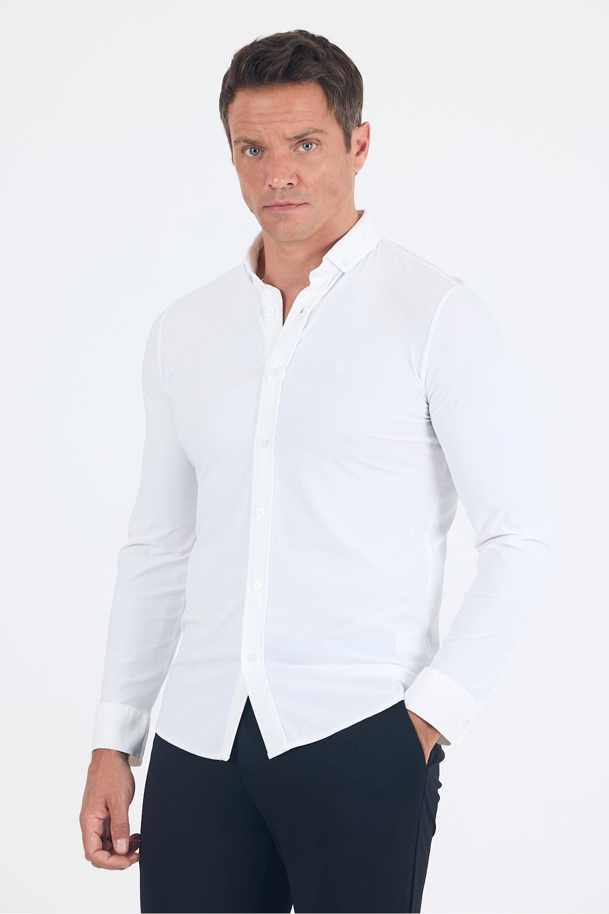 İmza Beyaz Smart Düğmeli Yaka Uzun Kol Cepsiz Slim Fit Esnek Gömlek Gömlek 1004250252