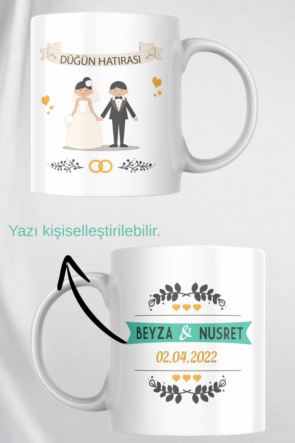 zerhome Düğün Hatırası Temalı Beyaz Porselen Kupa Bardak