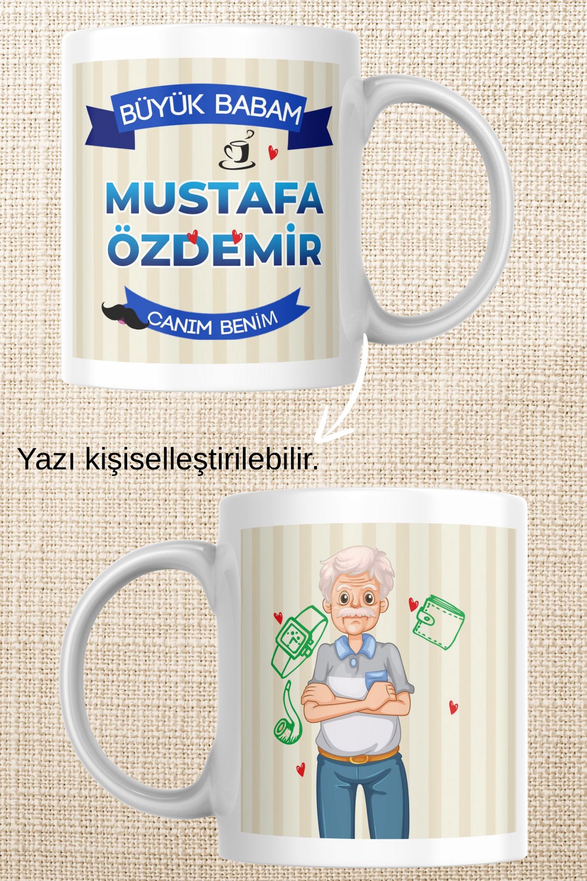 zerhome Büyükbaba Temalı Beyaz Porselen Kupa Bardak