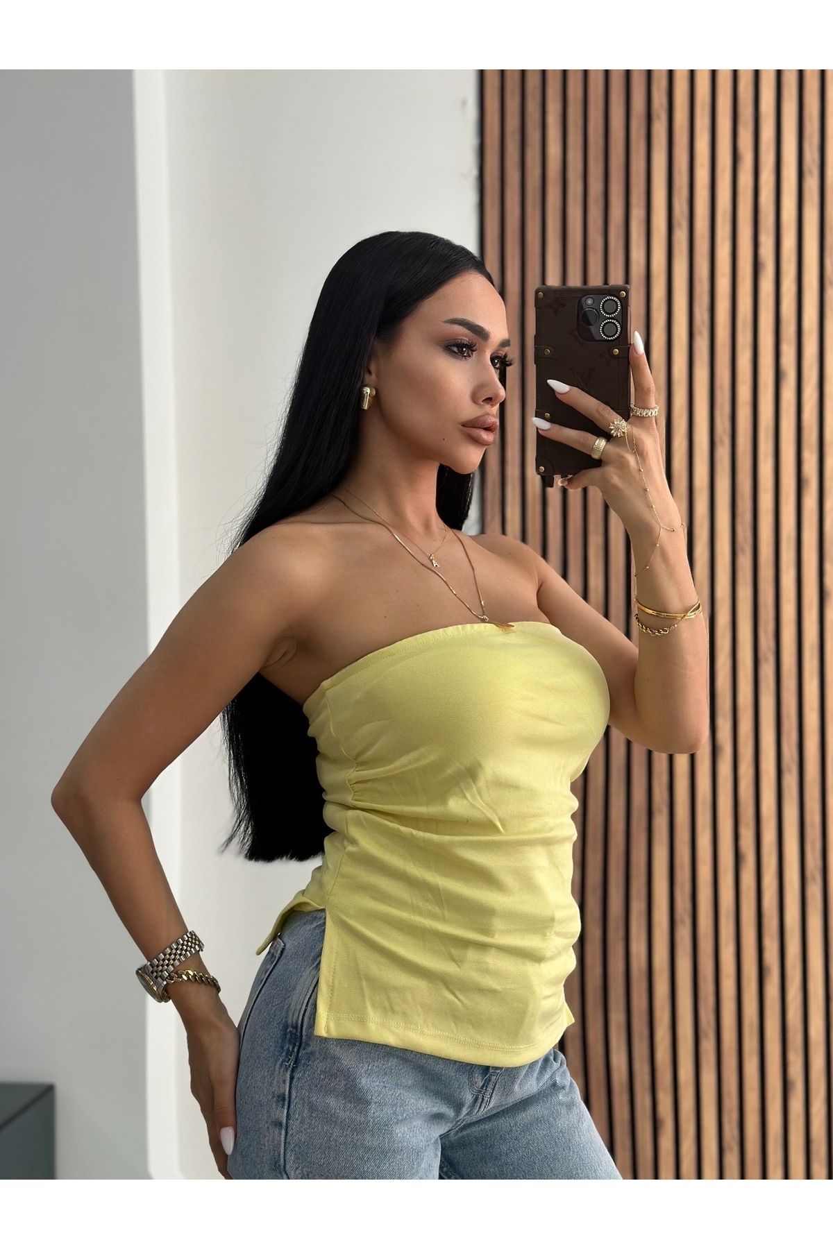 OKSOCOLLECTİON Yanları Yırtmaçlı ve Büzgülü Straplez Bluz