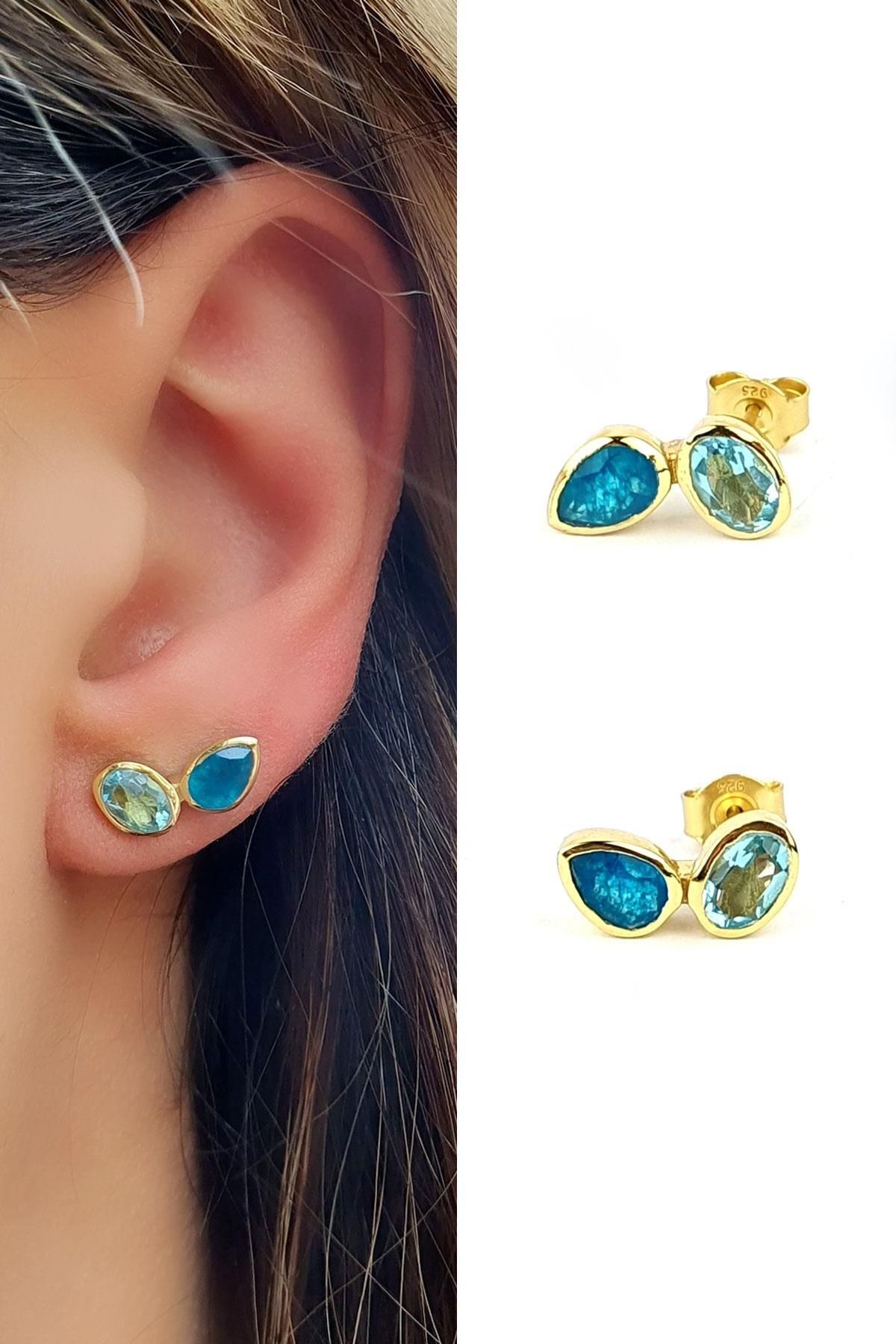 OSESHOP Aquamarin Taşlı 925ayar Gümüş Üzerine Altın Kaplama Tasarım küpe