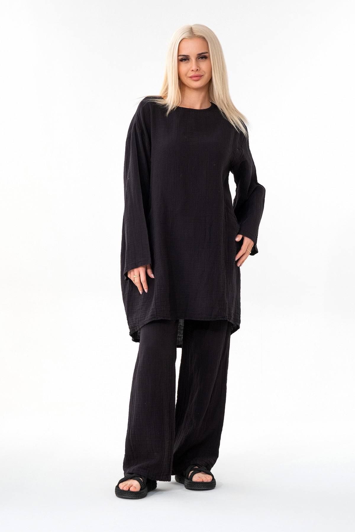 Fashion Showcase Müslin Tunik %100 Pamuk Cep Detay Salaş Müslin Elbise Tesettür Siyah