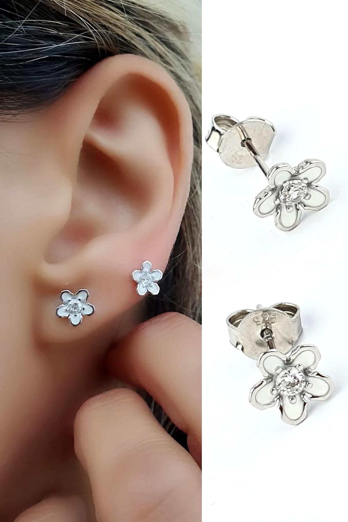 OSESHOP Zirkon Taş Detaylı Mineli 925ayar Gümüş Minimal Çiçek Küpe