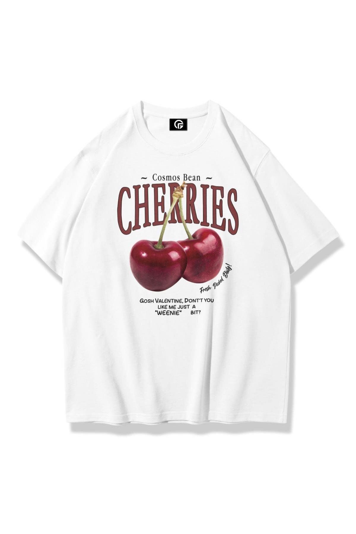 Gofeel Unisex Cherries Tshirt Beyaz