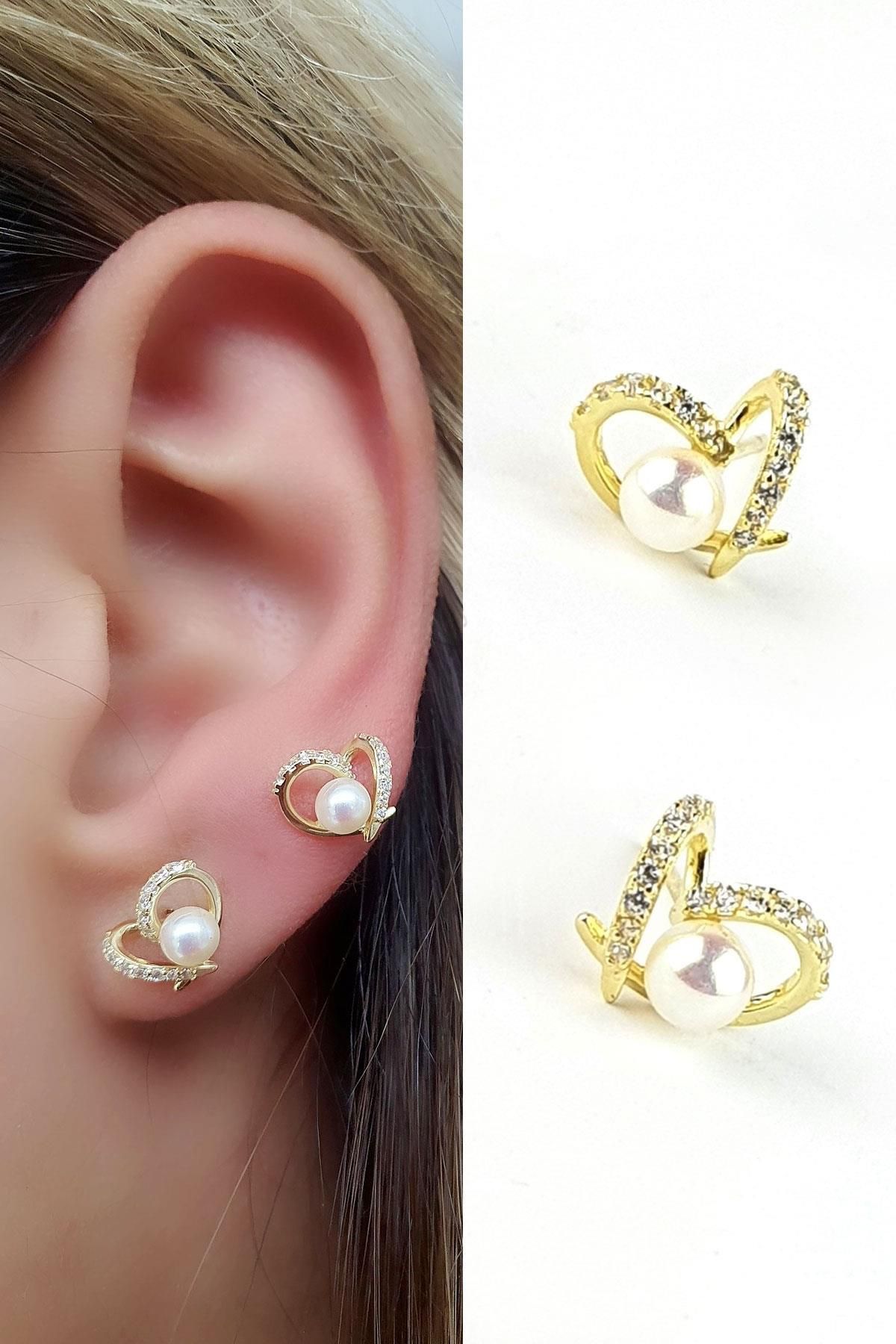 OSESHOP İncili Zirkon taşlı 925ayar gümüş üzerine altın kaplama Kalp Küpe