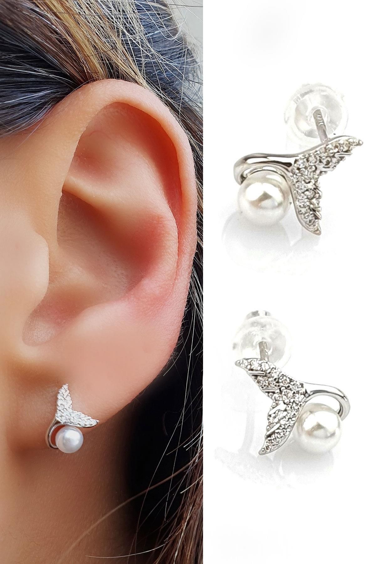 OSESHOP İnci Detaylı 925ayar Gümüş Balık Kuyruğu Tasarım Küpe