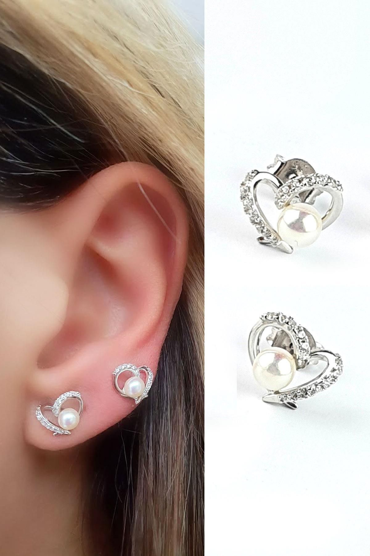 OSESHOP İncili Zirkon taşlı 925ayar gümüş Kalp Küpe