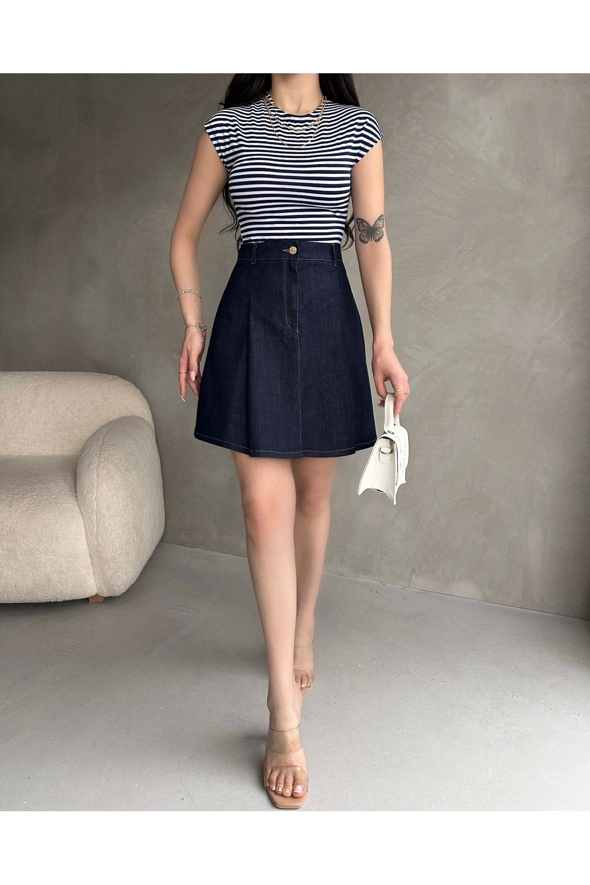 KEREM YAPI MARKET Yüksek Bel Pileli Denim Mini Etek