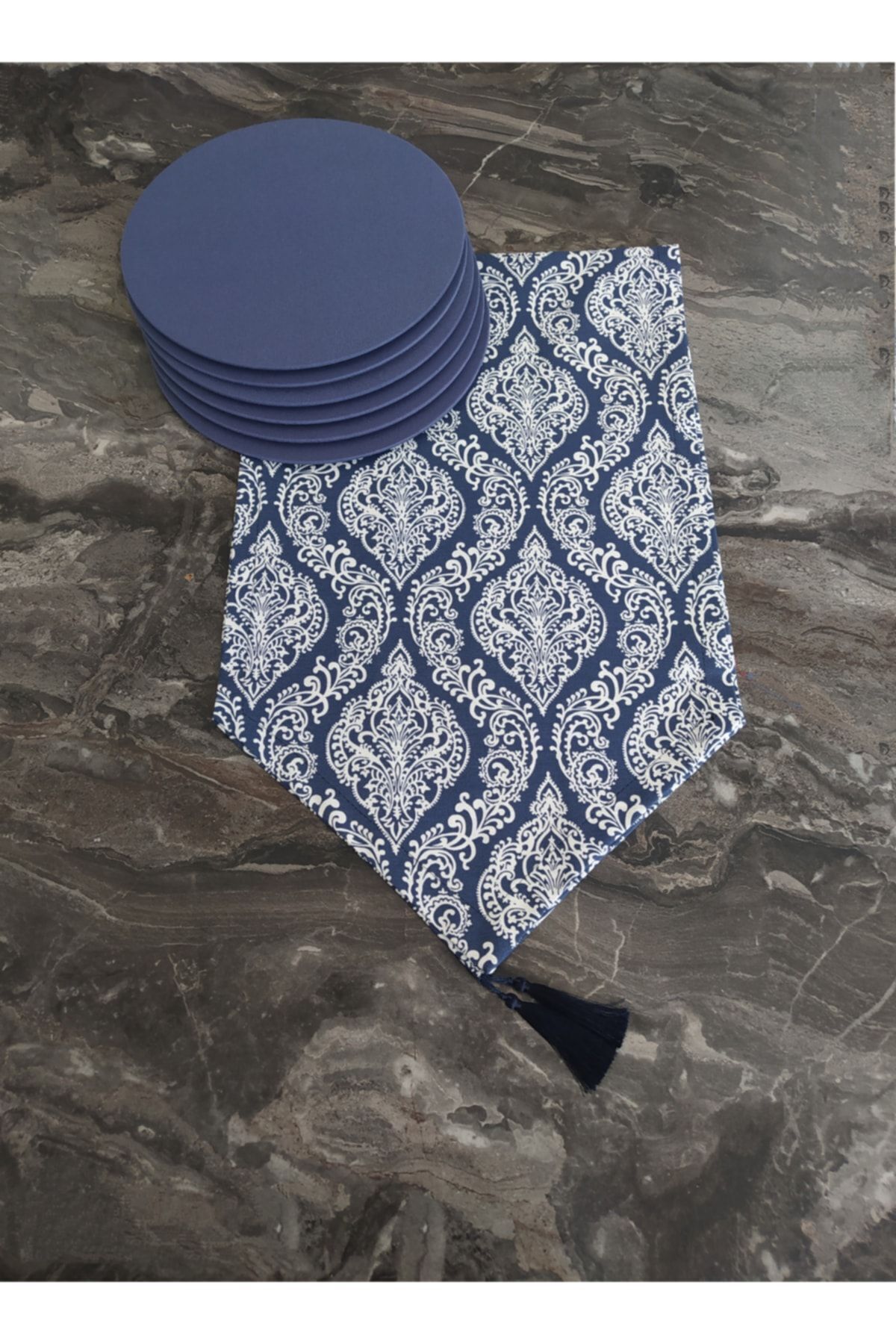 Elioure Lacivert Damask Desenli 6'lı Amerikan Servis ve Supla Seti
