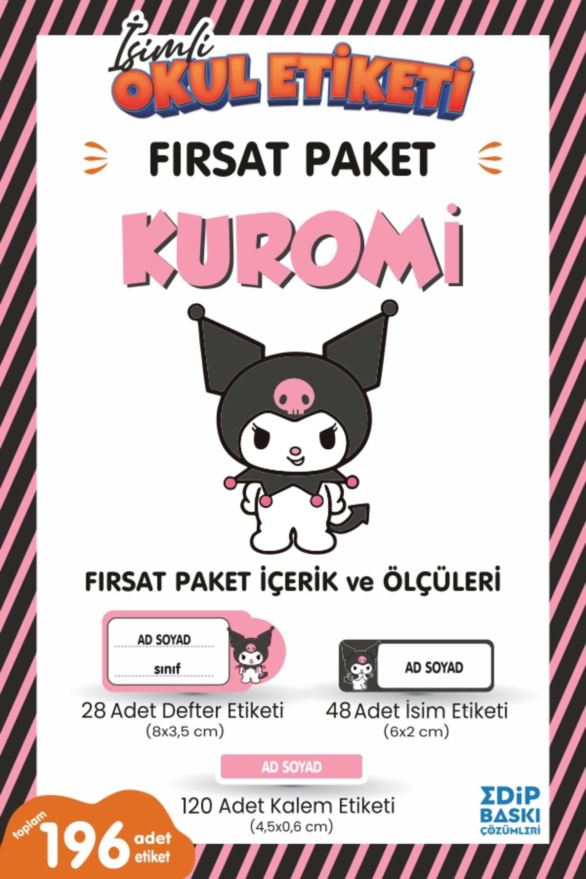 EDİP BASKI MERKEZİ İsimli okul etiketi Kuromi Defter, kitap ve kalem etiketi FIRSAT Paket