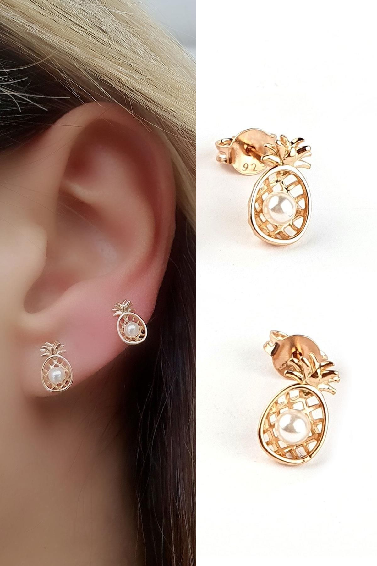 OSESHOP İnci Detaylı 925ayar Gümüş Üzerine Rose Altın Kaplama Ananas küpe