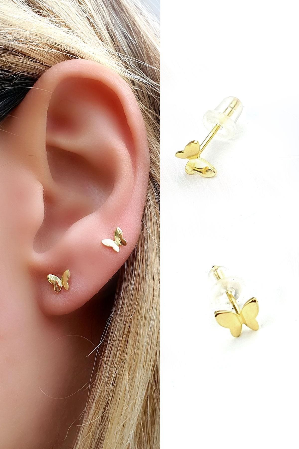 OSESHOP 925ayar Gümüş Üzerine Altın Kaplama Minimal Kelebek Küpe