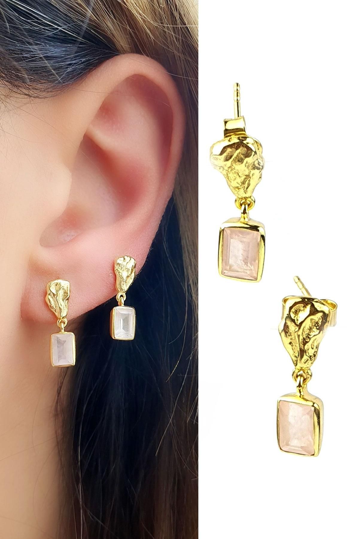 OSESHOP Pembe kuvars taşlı 925ayar gümüş üzerine altın kaplama tasarım küpe