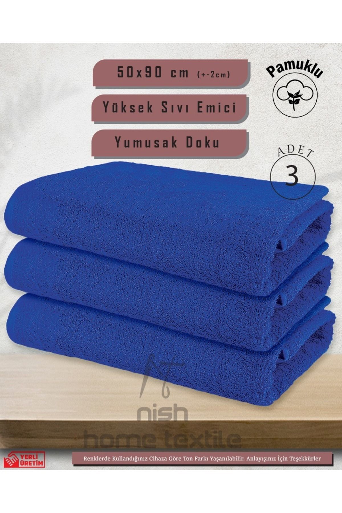 teknotrust 3'lü 50x90 Pamuklu Havlu Seti, Spor, Kuaför ve Fitness için Mavi