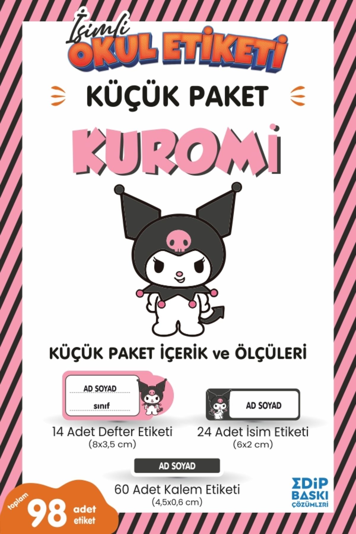 EDİP BASKI MERKEZİ İsimli okul etiketi Kuromi Defter, kitap ve kalem etiketi Küçük Paket