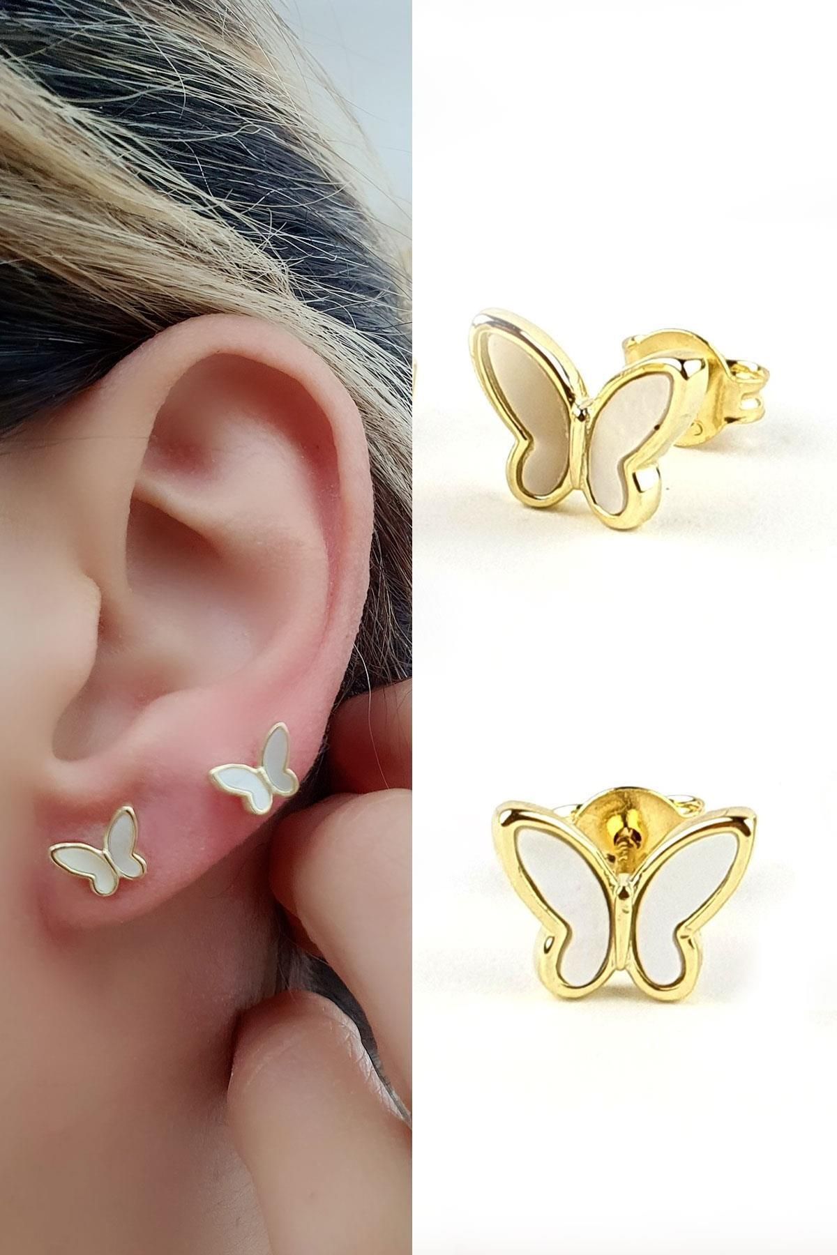 OSESHOP Taşlı 925ayar Gümüş Üzerine Altın Kaplama Kelebek Figürlü Küpe
