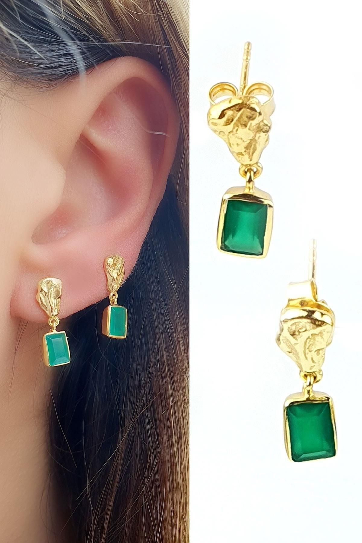 OSESHOP Kök zümrüt taşlı 925ayar gümüş üzerine altın kaplama tasarım küpe