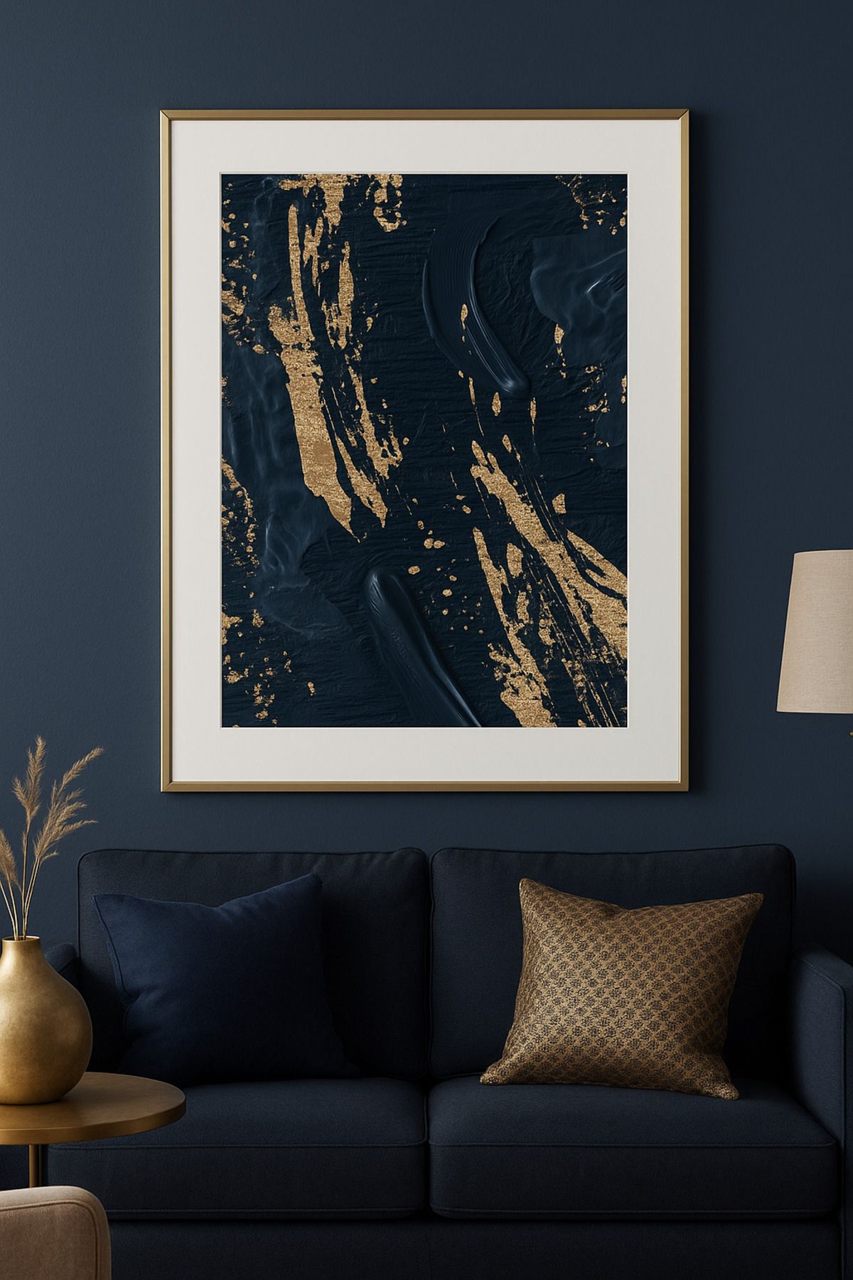 seninürünün Midnight Gold Abstract – Gerçek Cama Baskı Gold Alüminyum Metal Çerçeveli Tekli Modern Tablo