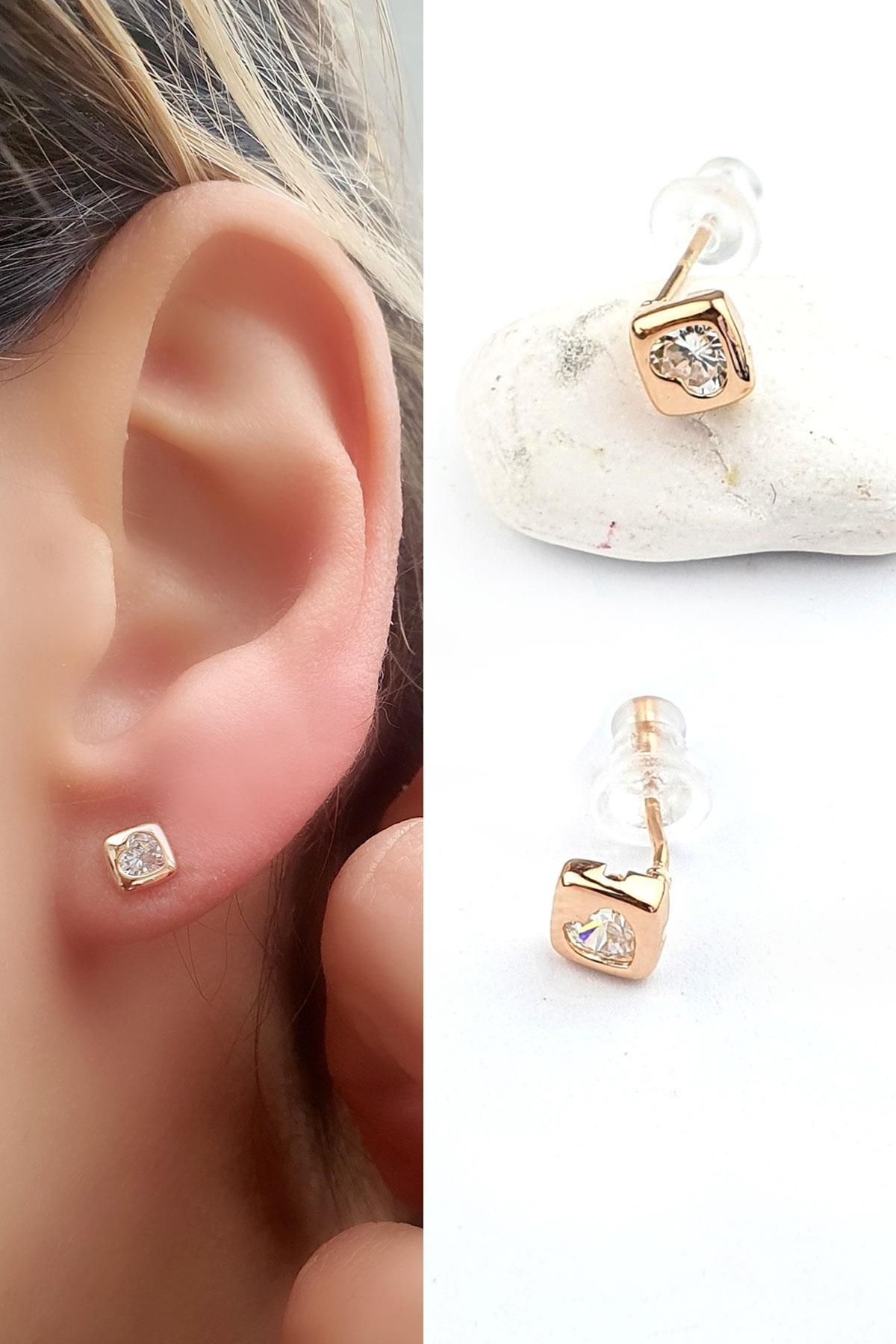 OSESHOP İtalyan 925ayar Gümüş Üzerine Rose Altın Kaplama Kalp Şeklinde Zirkon Taşlı Minimal Küpe