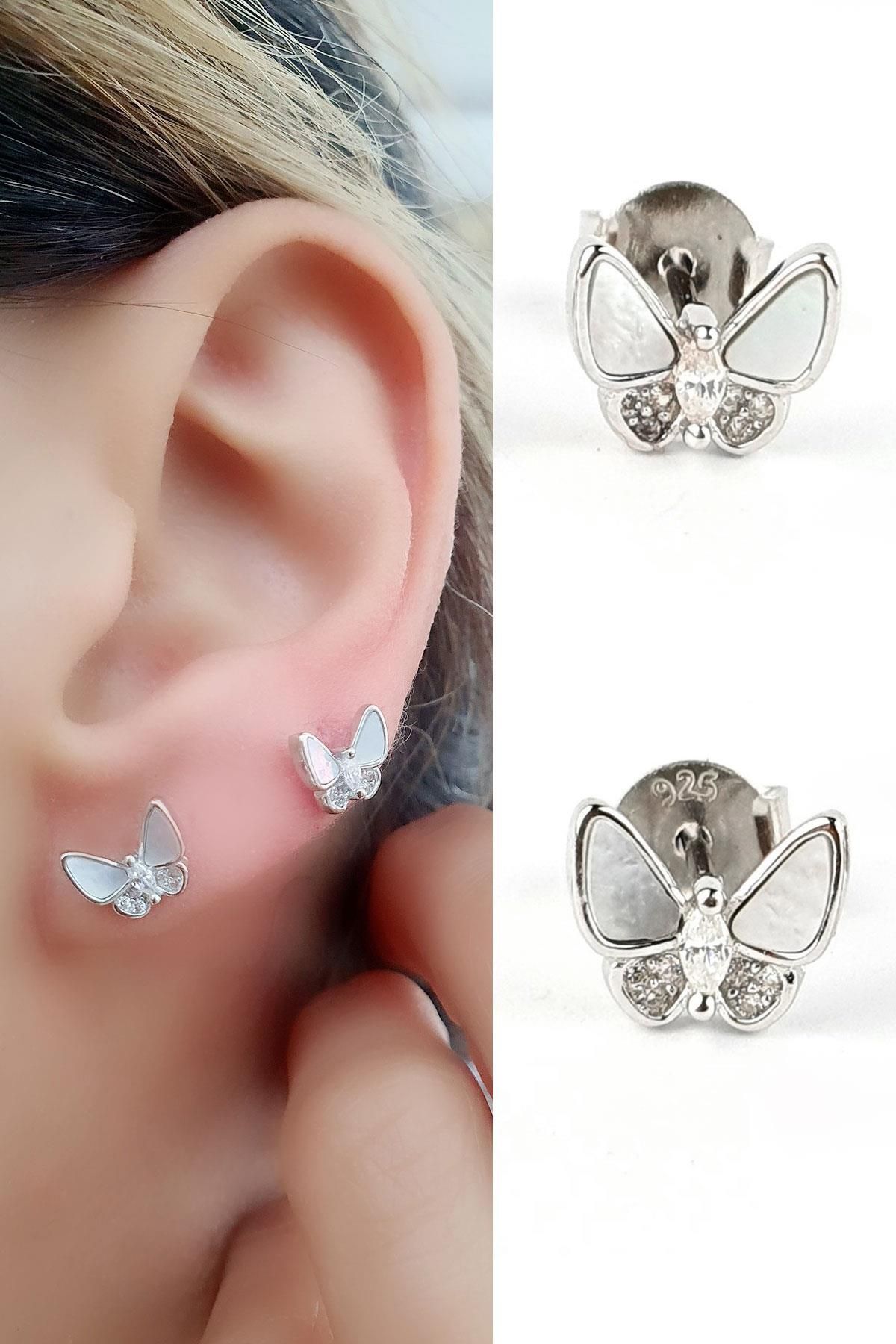 OSESHOP Zirkon Taş Detaylı taşlı 925ayar gümüş İtalyan Tasarımı minimal Kelebek figürlü küpe