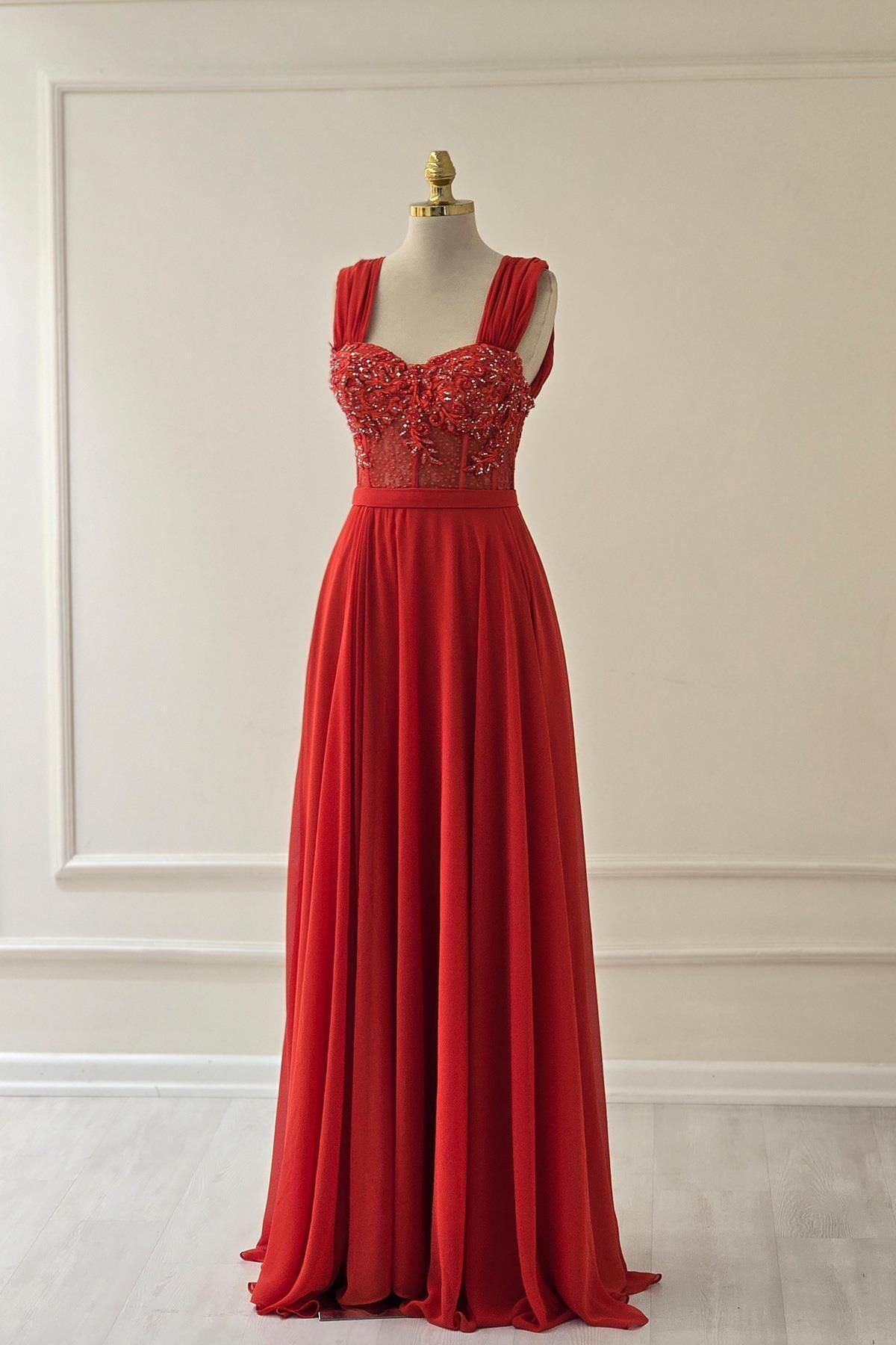 Yonca Moda Evi Kırmızı İşlemeli Şifon Abiye 19014