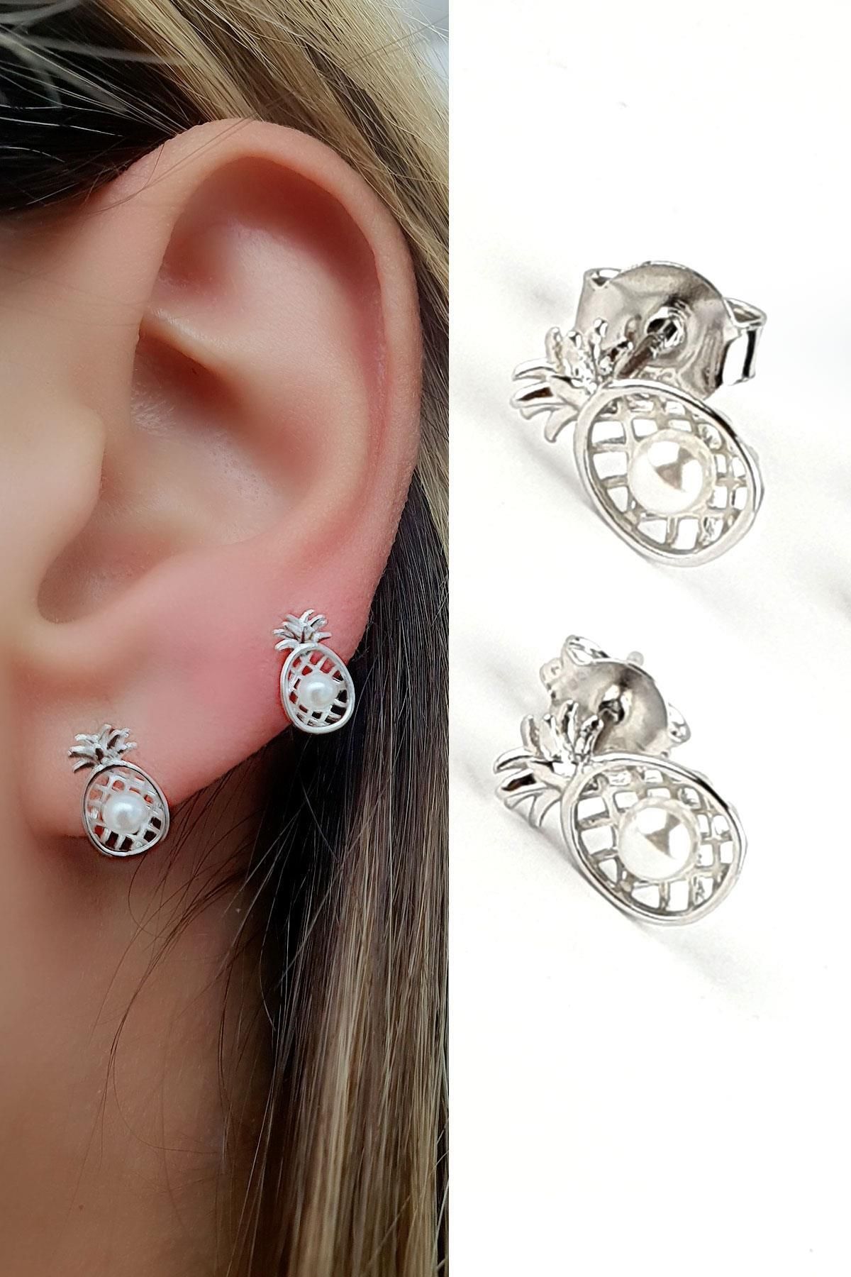 OSESHOP İnci Detaylı 925ayar Gümüş Ananas küpe